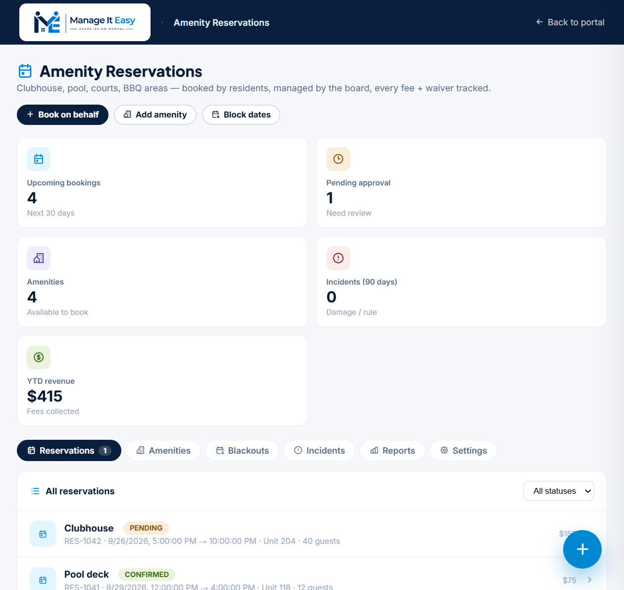 Amenity Reservations inside the Manage It Easy portal