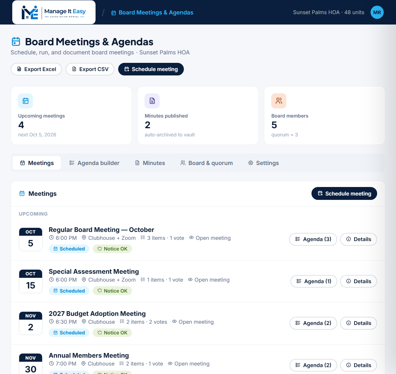 Board Meetings & Agendas inside the Manage It Easy portal