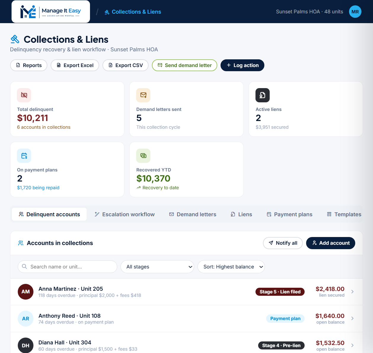 Collections & Liens inside the Manage It Easy portal