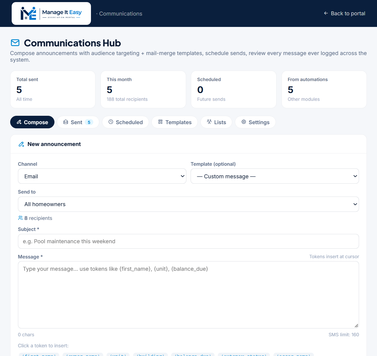 Communications Hub inside the Manage It Easy portal