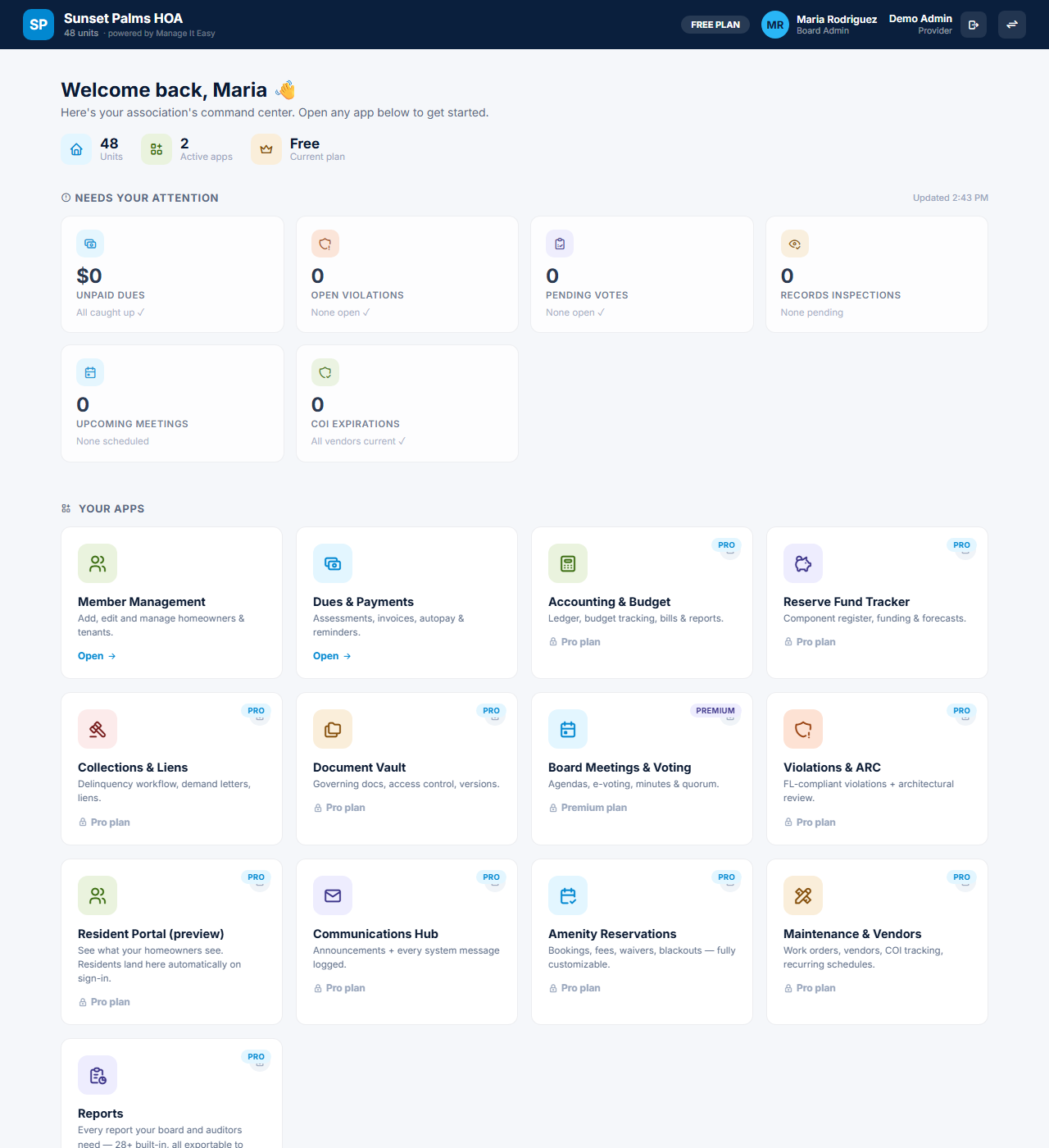 Manage It Easy board admin dashboard — every module, one login