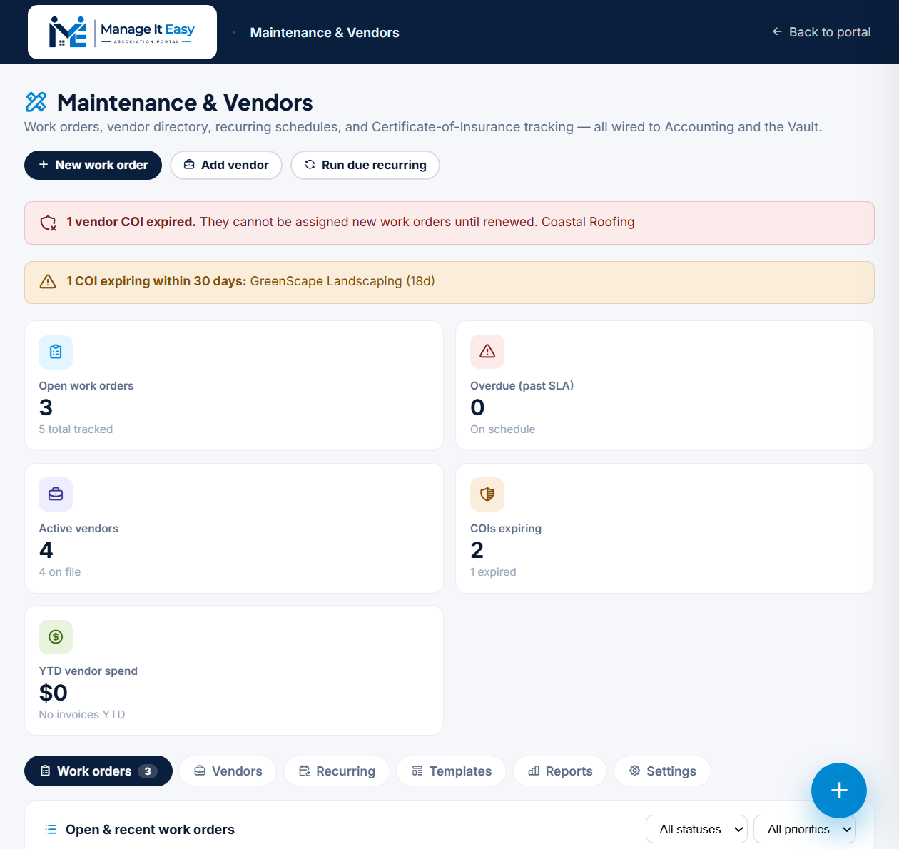 Maintenance & Vendors inside the Manage It Easy portal