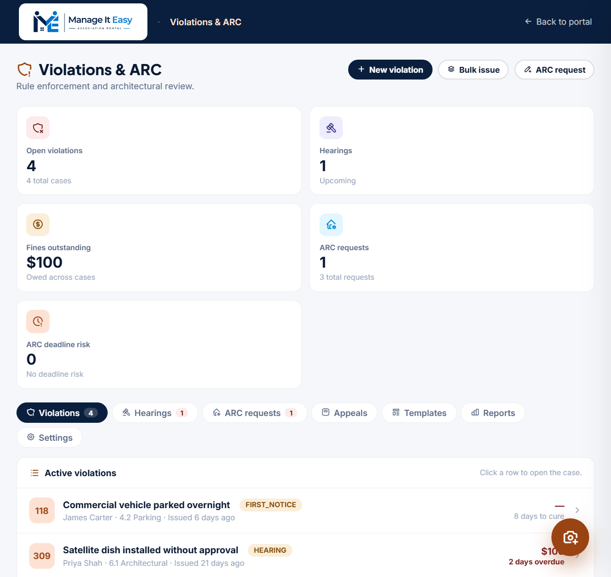 Violations & ARC inside the Manage It Easy portal